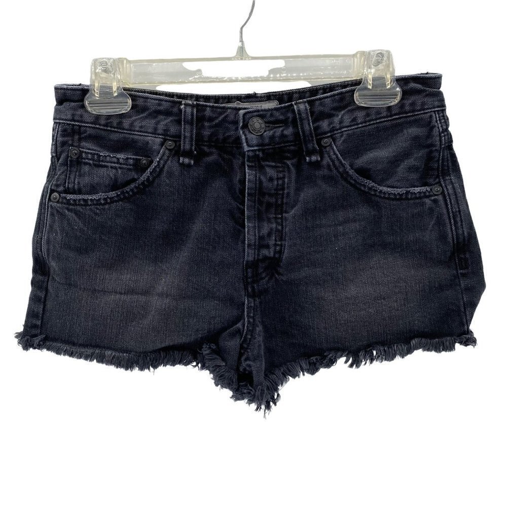 Free People Black Denim Raw Hem Button Fly Shorts Women's Size 26